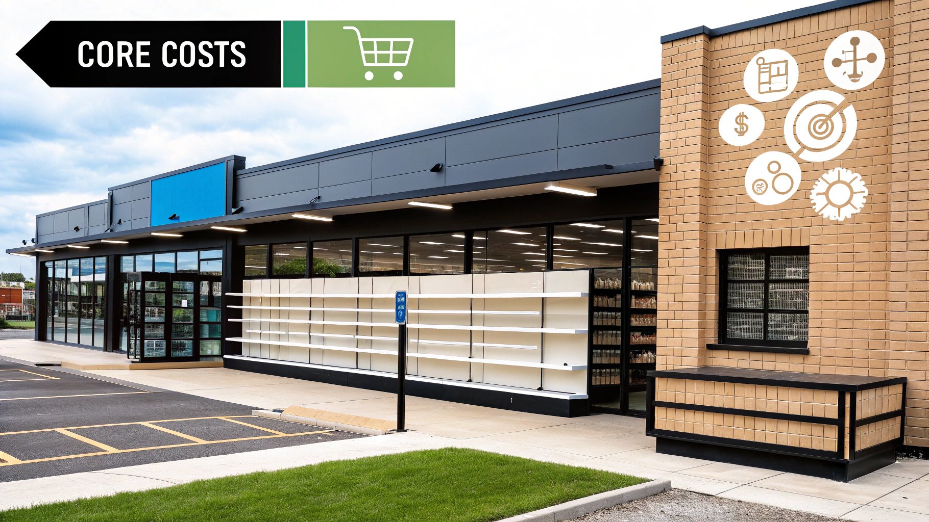 A detailed diagram showing the core components of ecommerce website development costs, such as platform, design, and apps.