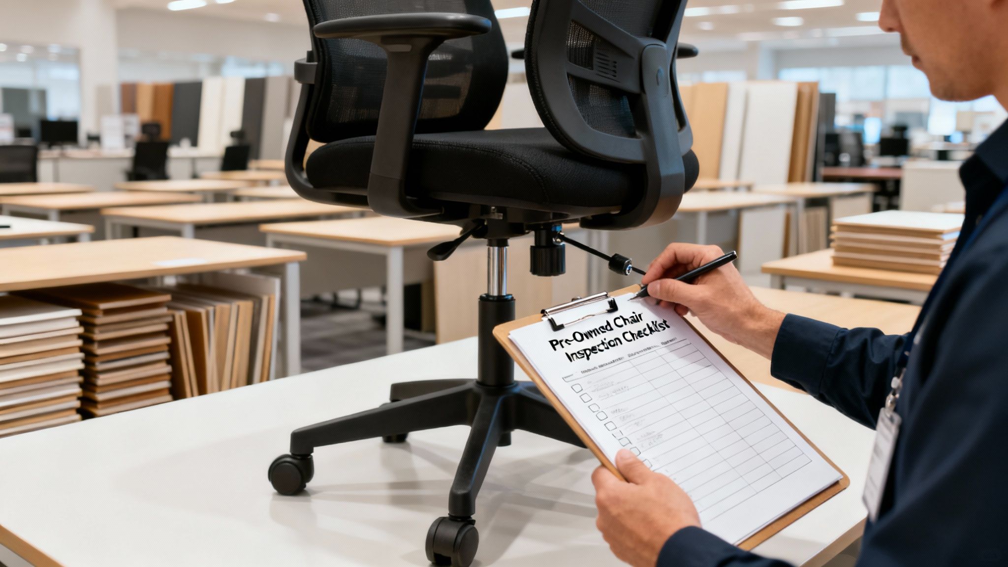 A person inspects a pre-owned black office chair using a checklist in a furniture showroom.