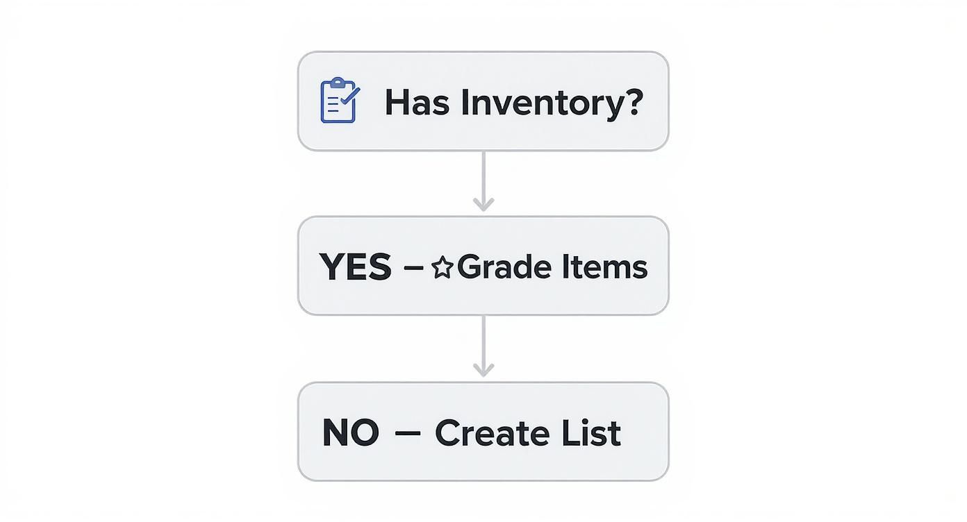 A simple flowchart diagram detailing an inventory management process for used office furniture liquidation.