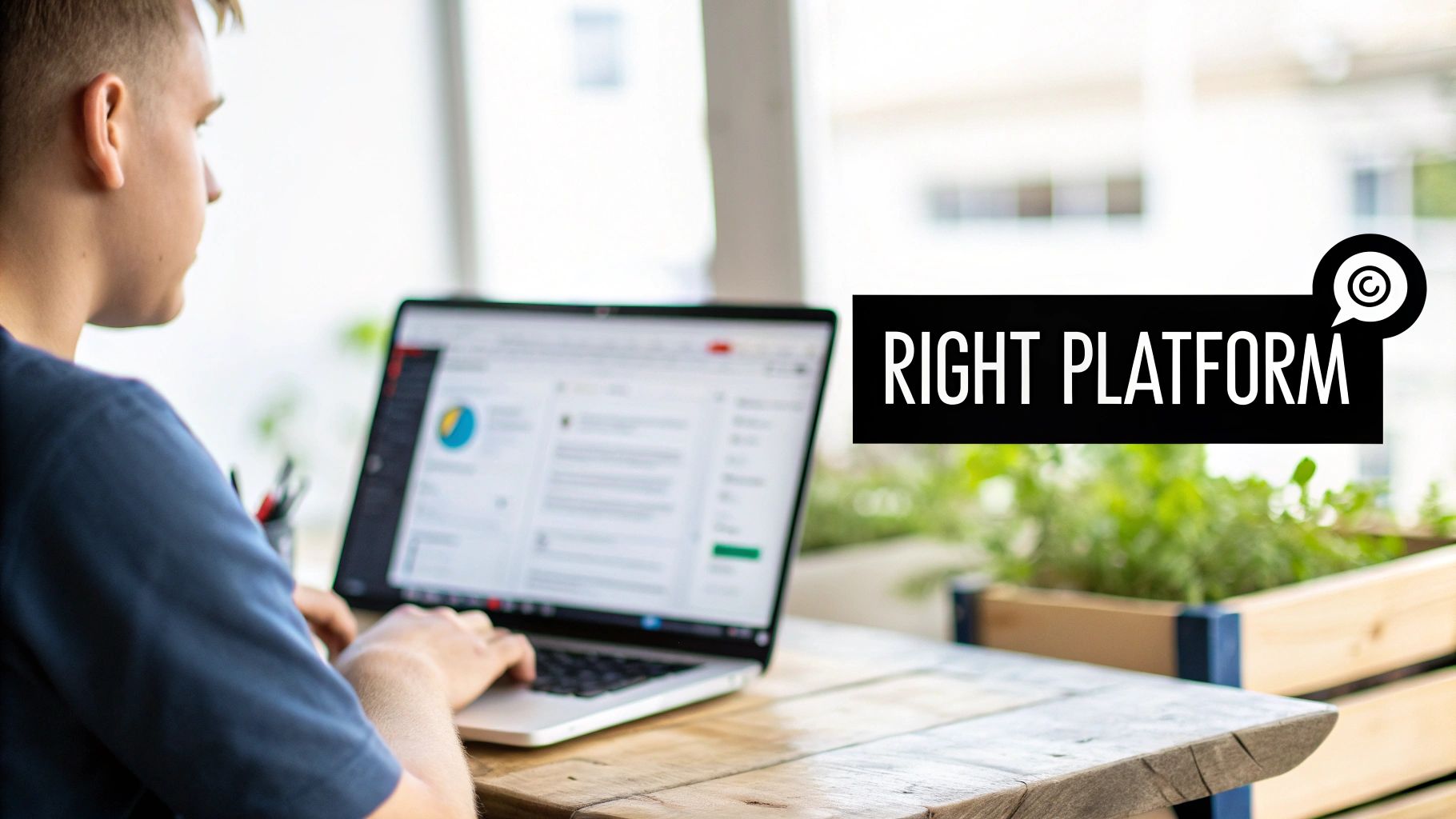 A person working on a laptop reviewing an email marketing platforms comparison with analytics on the screen.