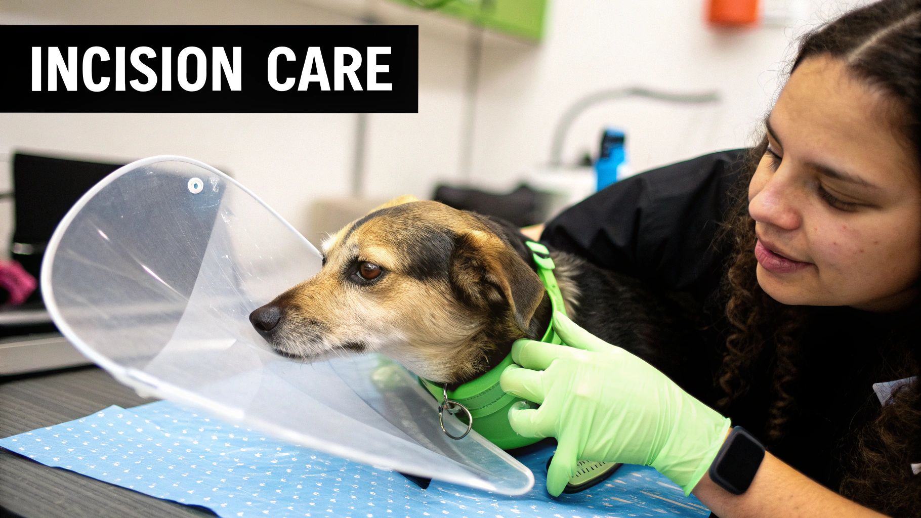 A dog wearing a cone of shame, looking attentively at the camera while healing from surgery.
