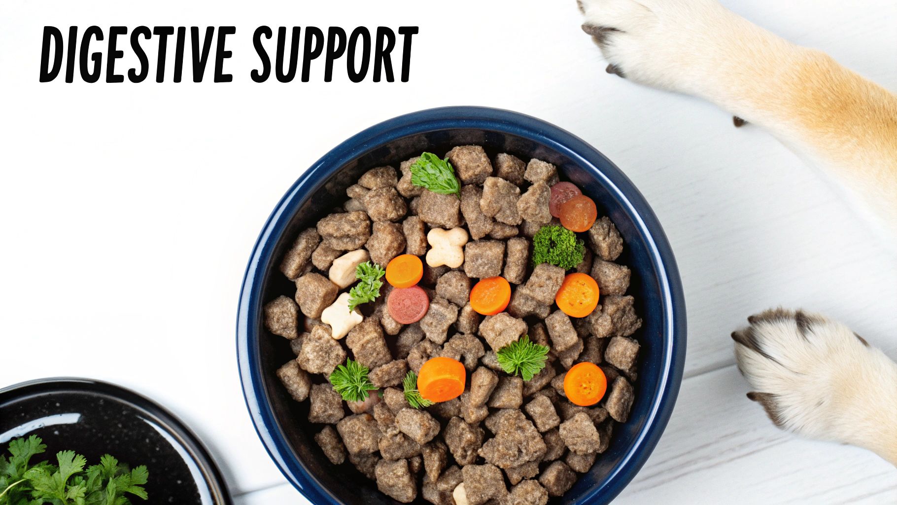Dog food with carrots, bone-shaped treats, and green herbs in a blue bowl, next to a dog's paws, highlighting digestive support.