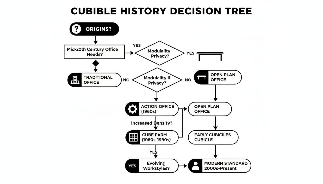 A flowchart showing the evolution of office design from open plans to modern cubicle layouts.
