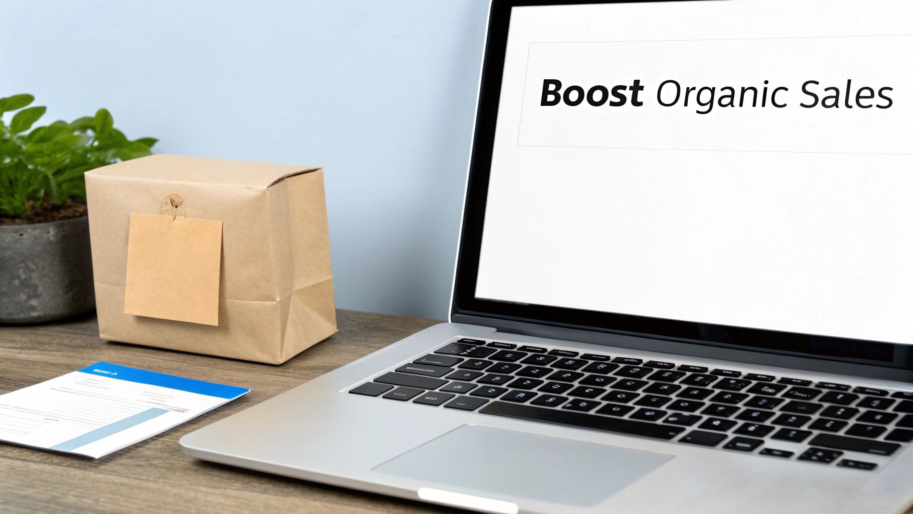 A laptop displaying 'Boost Organic Sales' on a desk, a key benefit of link building for ecommerce sites.