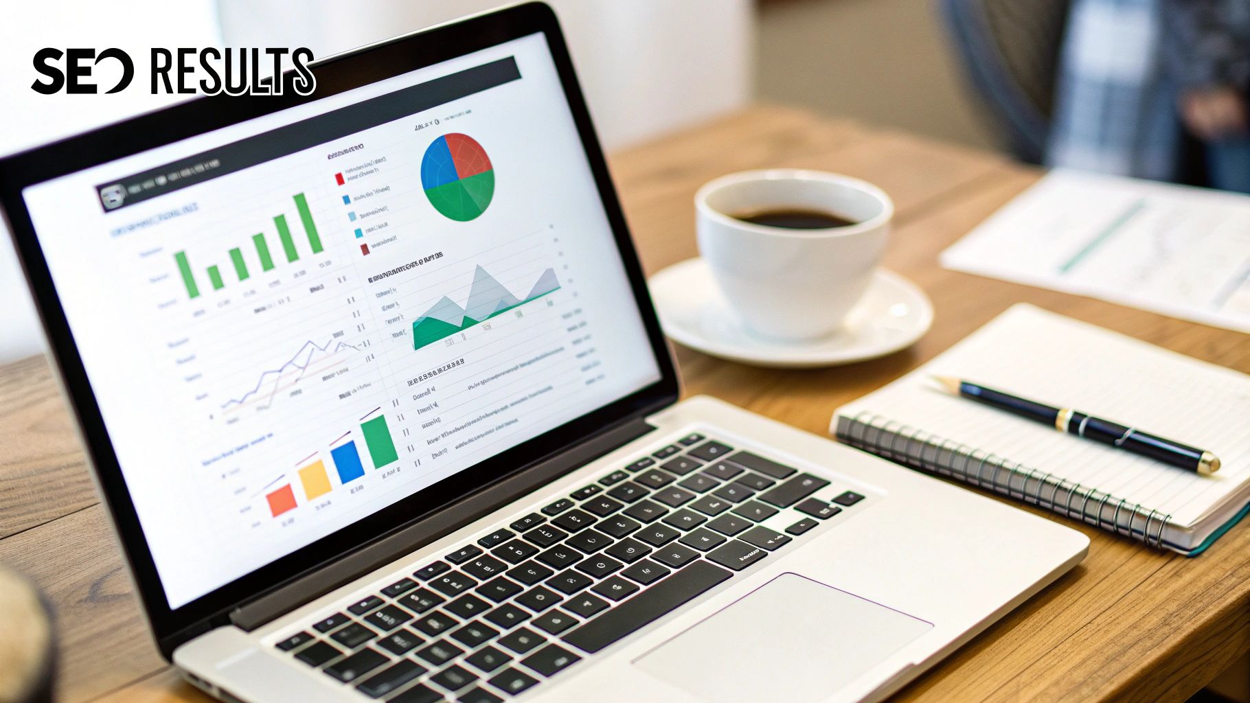 Laptop screen showing how an SEO agency reports on results with analytics, bar charts, and a pie chart.
