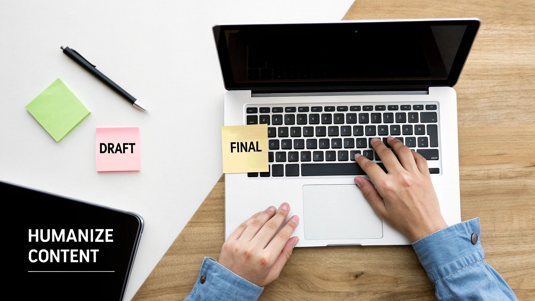 Overhead view of a person humanizing AI content on a laptop, a key step in differentiating content from AI-generated fluff.