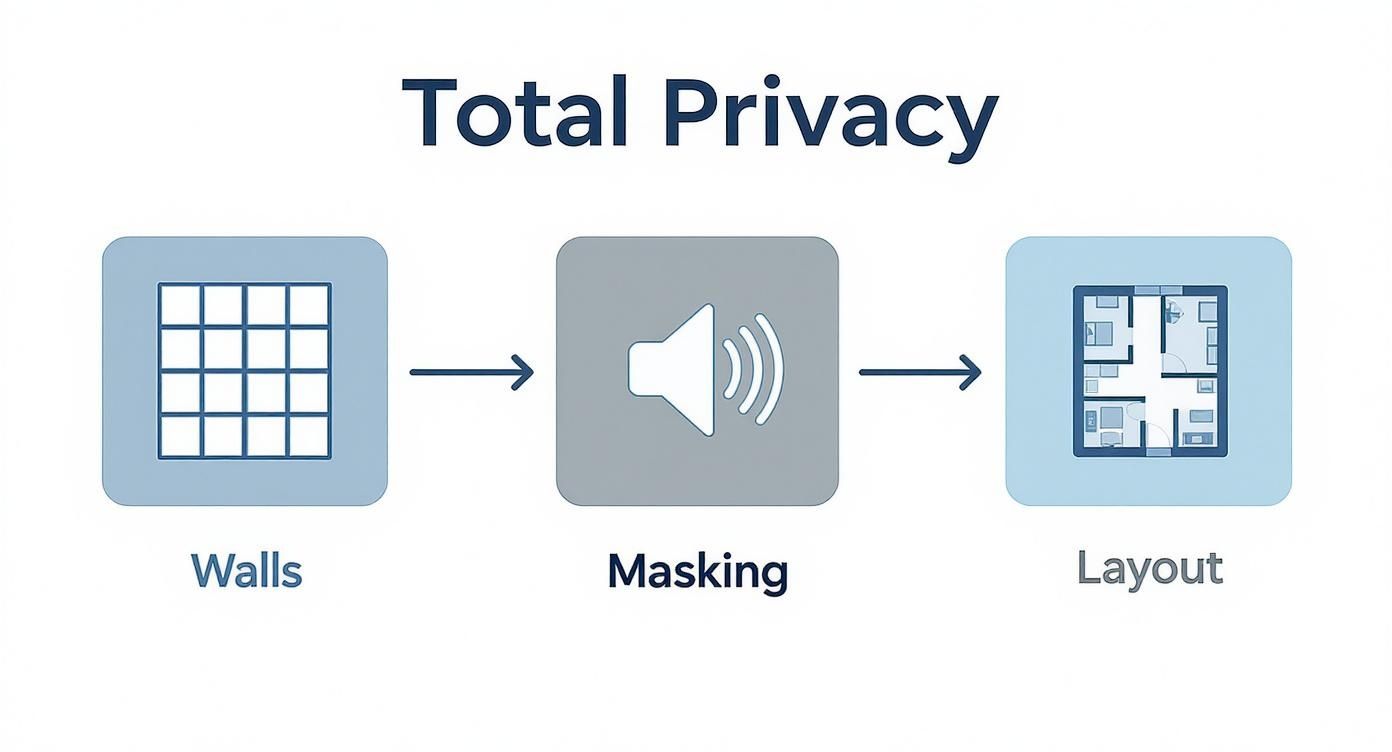 An infographic showing the process flow for achieving total office cubicle privacy, with icons for walls, sound masking, and layout.
