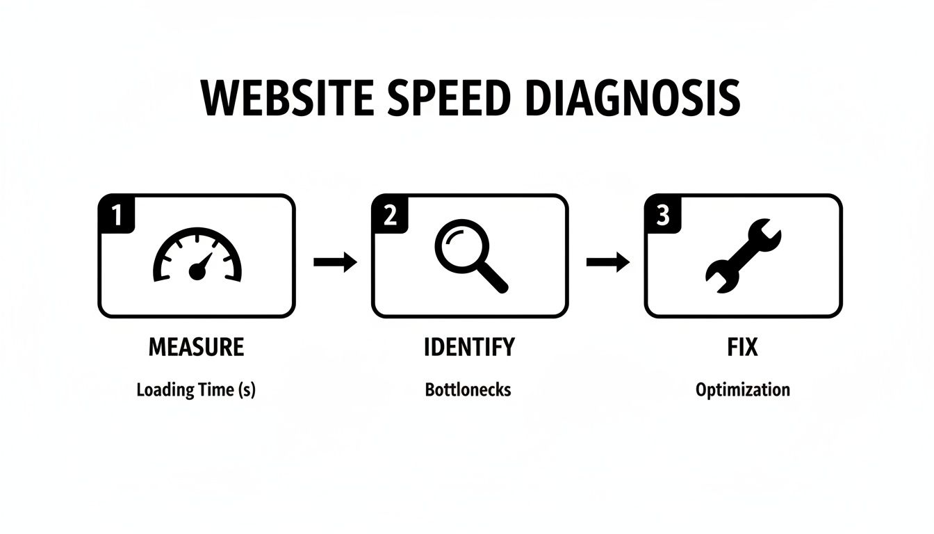 A three-step process showing how to improve website speed: measure, identify, and fix performance issues.