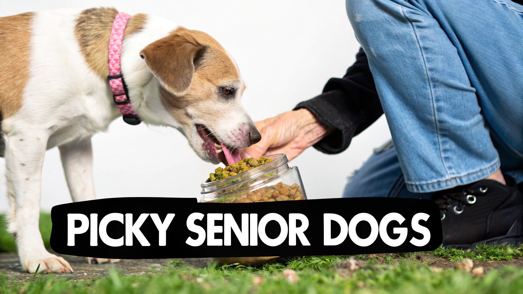 A brown and white senior dog with a pink collar eats food from a jar held by a person, with text 'PICKY SENIOR DOGS'.