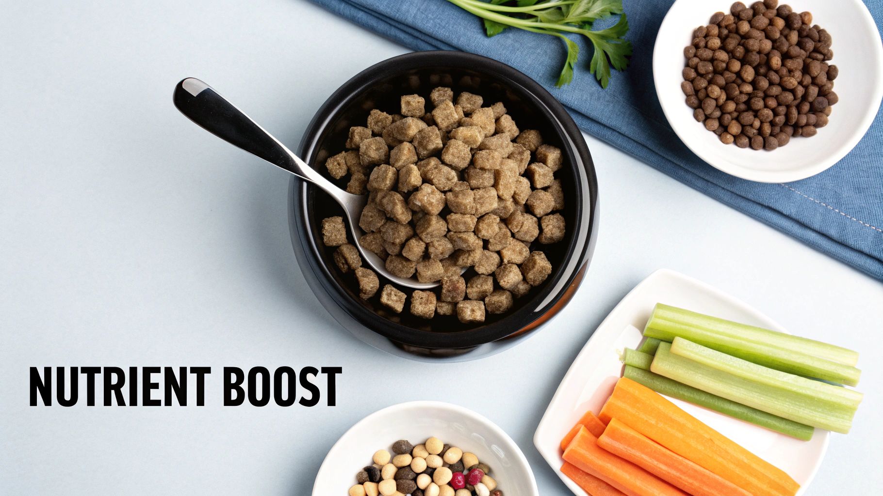 Overhead view of a black bowl of dog food with a spoon, surrounded by bowls of kibble, carrots, and celery.