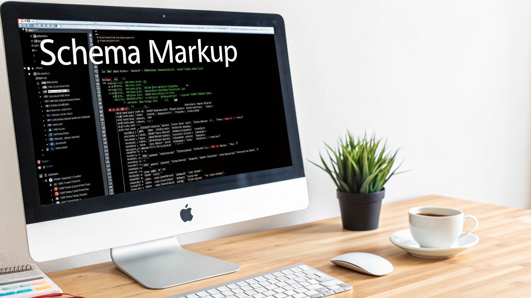 A desktop computer displaying 'Schema Markup' code, a technical method to showcase proof of work.