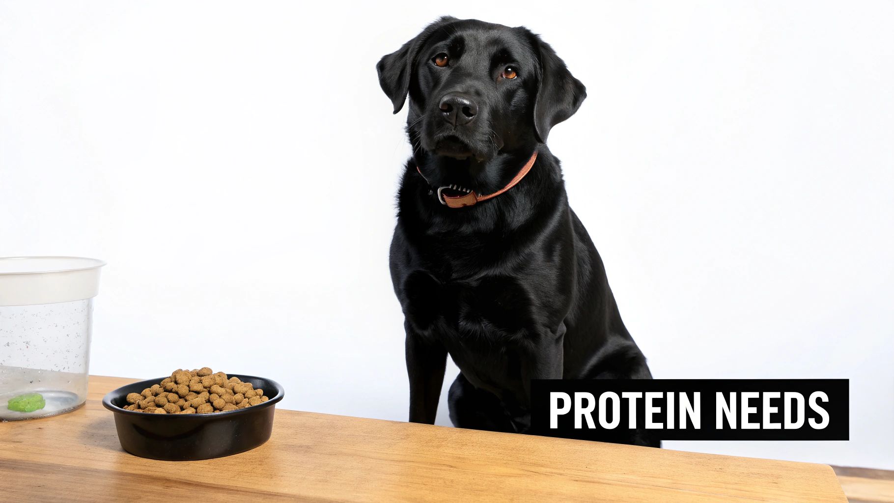 A black Labrador dog sits attentively next to a bowl of dry kibble, highlighting protein needs.