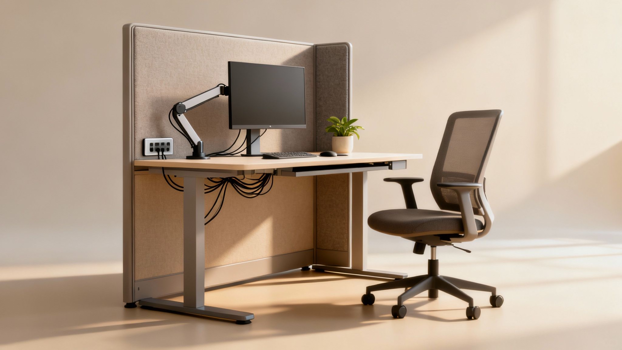 A modern office cubicle with a bright, minimalist design, an ergonomic chair, and ample natural light, illustrating an ideal modern workstation.