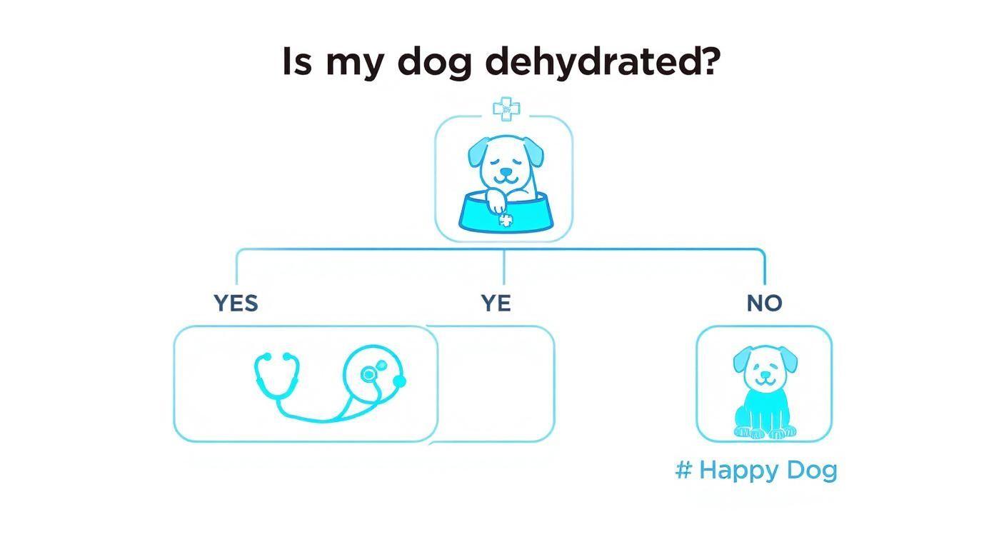 An infographic decision tree asking 'Is my dog dehydrated?' with paths for 'YES' leading to 'Check Health' and 'NO' leading to a happy dog icon.