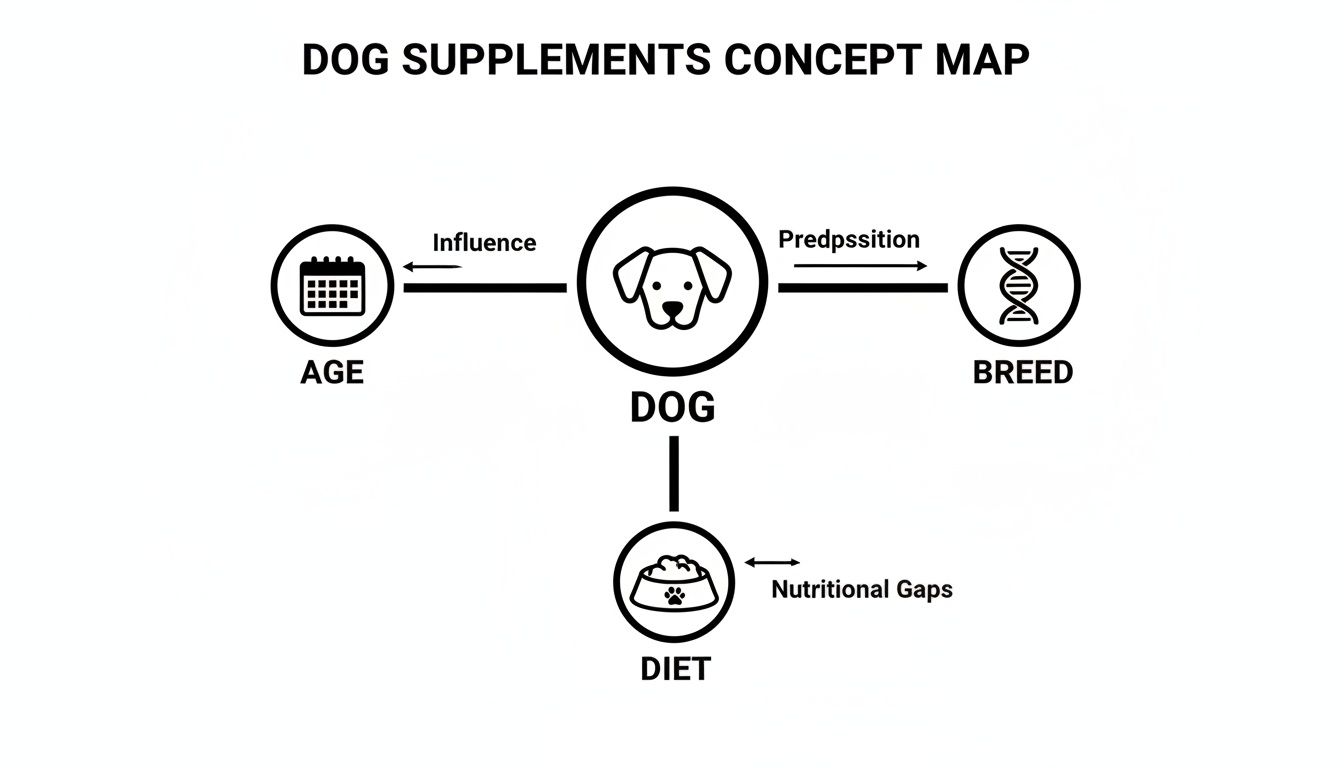 Concept map illustrating factors influencing a dog's supplement needs: age, breed, and diet.