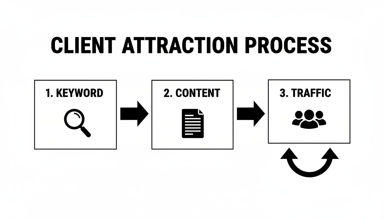 Flowchart illustrating the digital marketing for coaches process: keyword research, content creation, and traffic generation.
