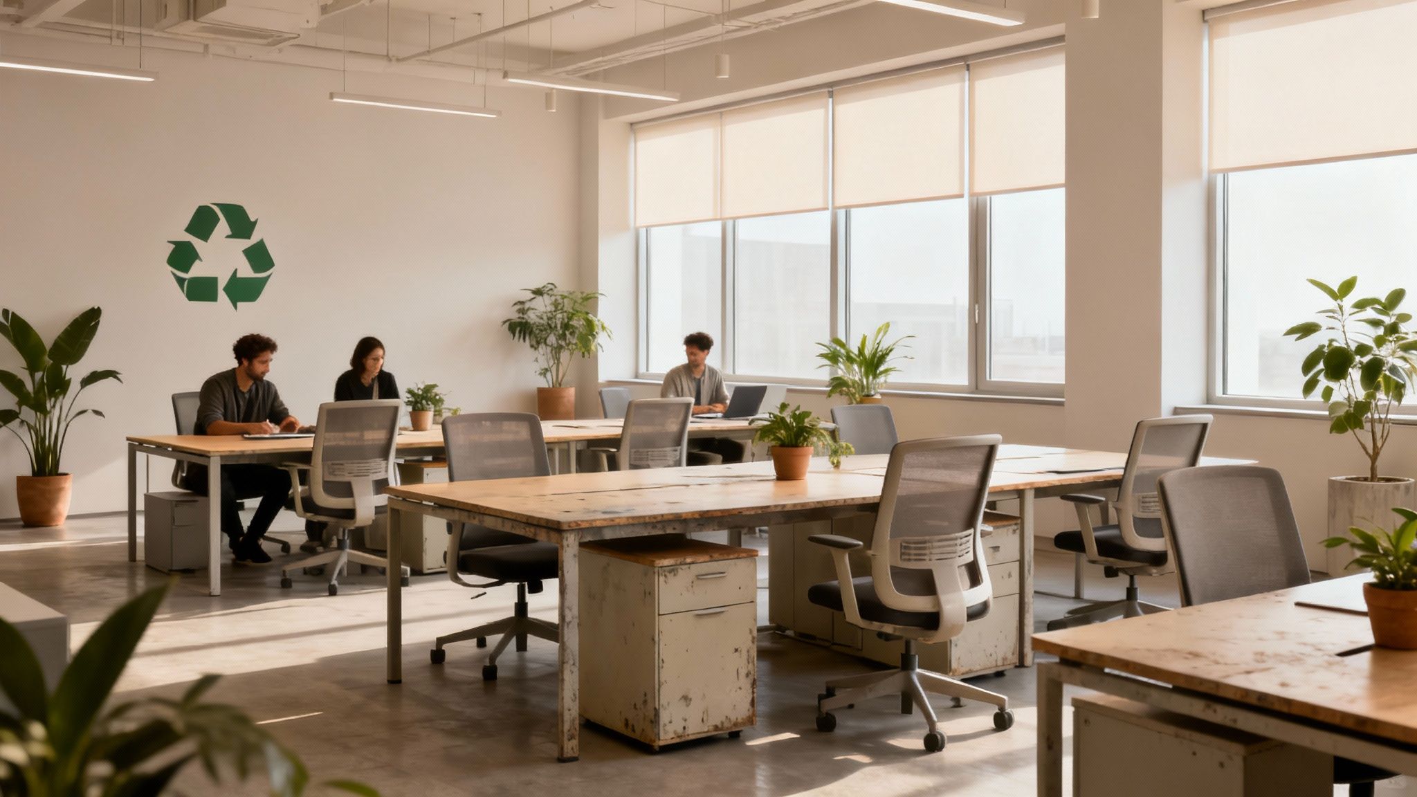 An eco-friendly open-plan office with employees working at rustic desks and many plants.