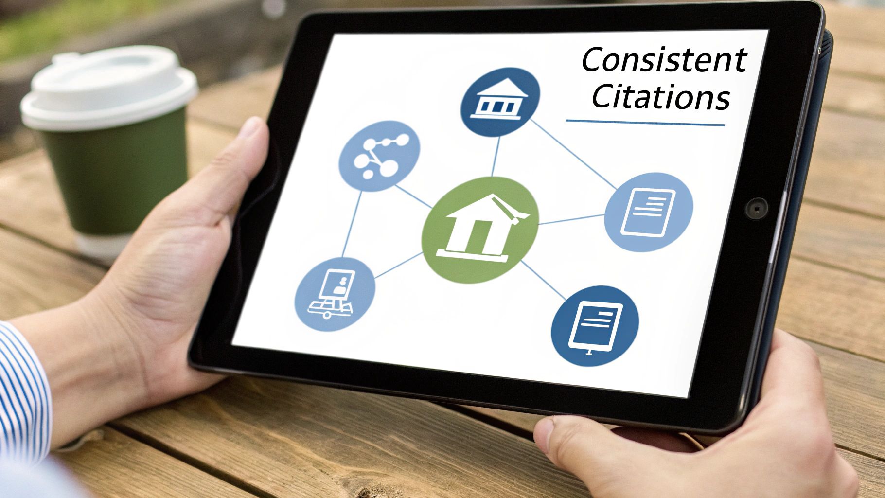 A person holding a tablet showing a diagram on how to manage your 'entity' across the web with consistent citations.