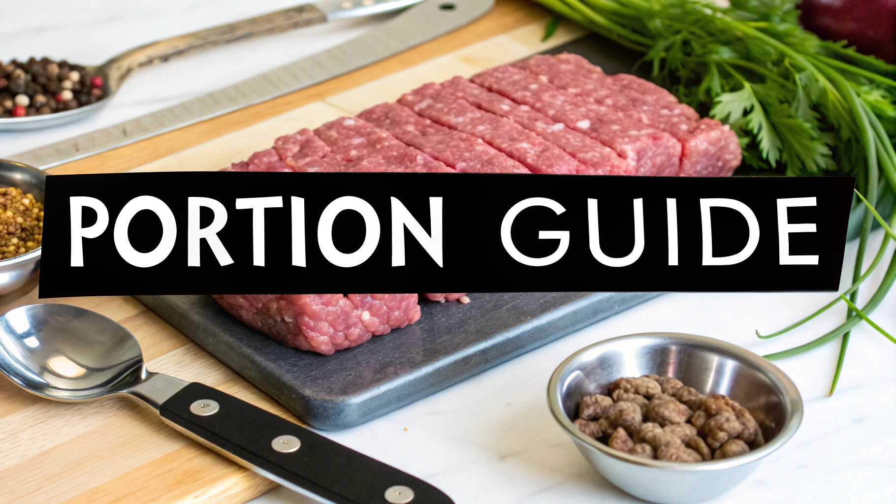 Raw ground beef on a cutting board with herbs, spices, and a 'PORTION GUIDE' text overlay.