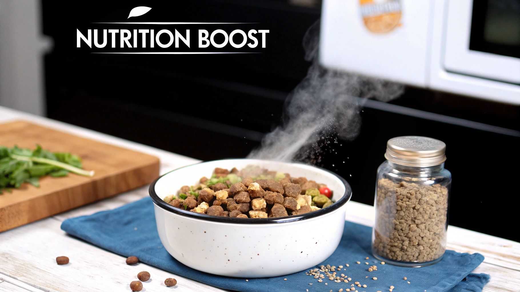 A bowl of steaming pet food with kibble, vegetables, and a jar of supplement on a wooden table.