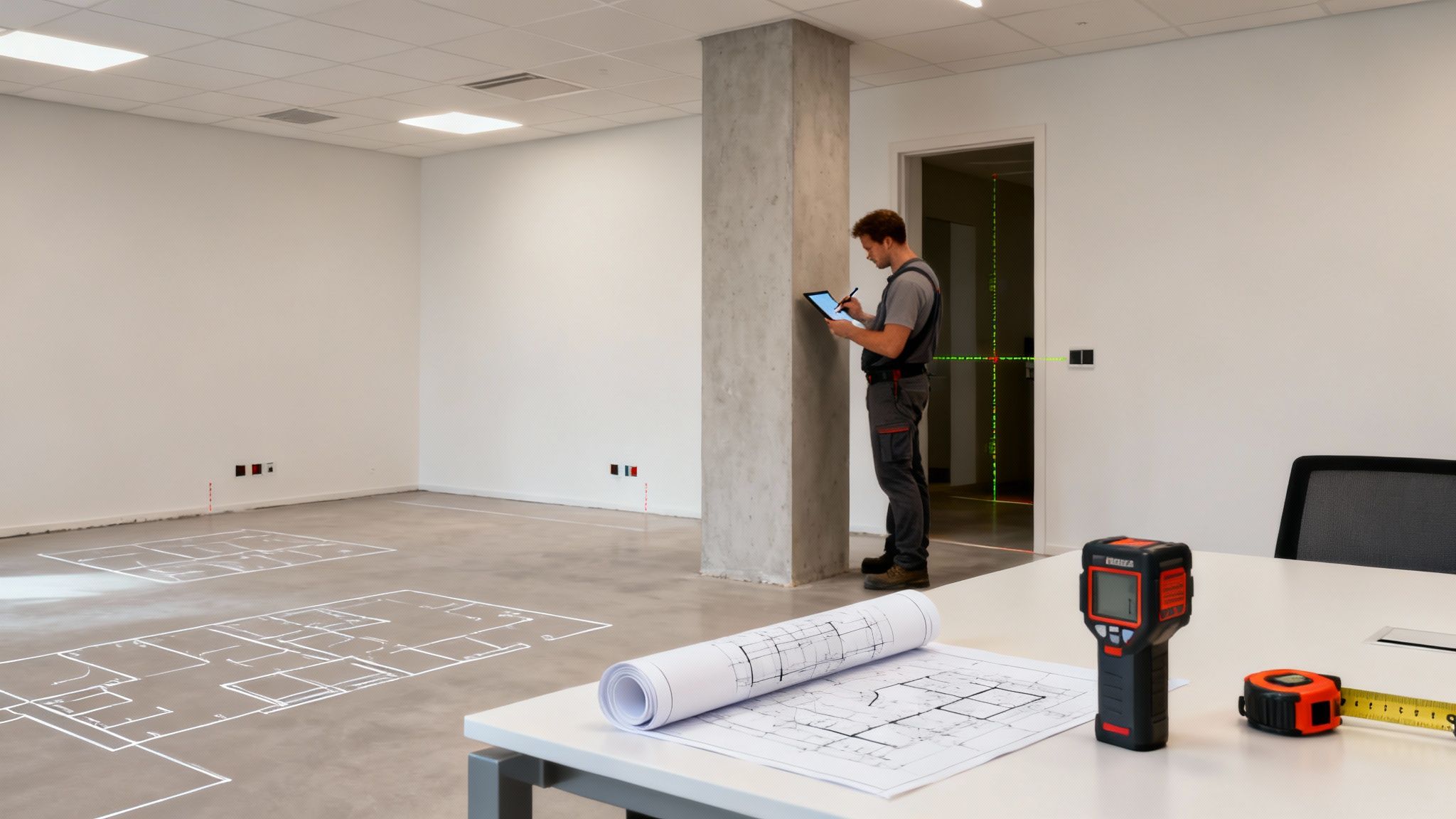 Two professional installers in high-visibility vests discussing blueprints in an empty office space ready for furniture installation.