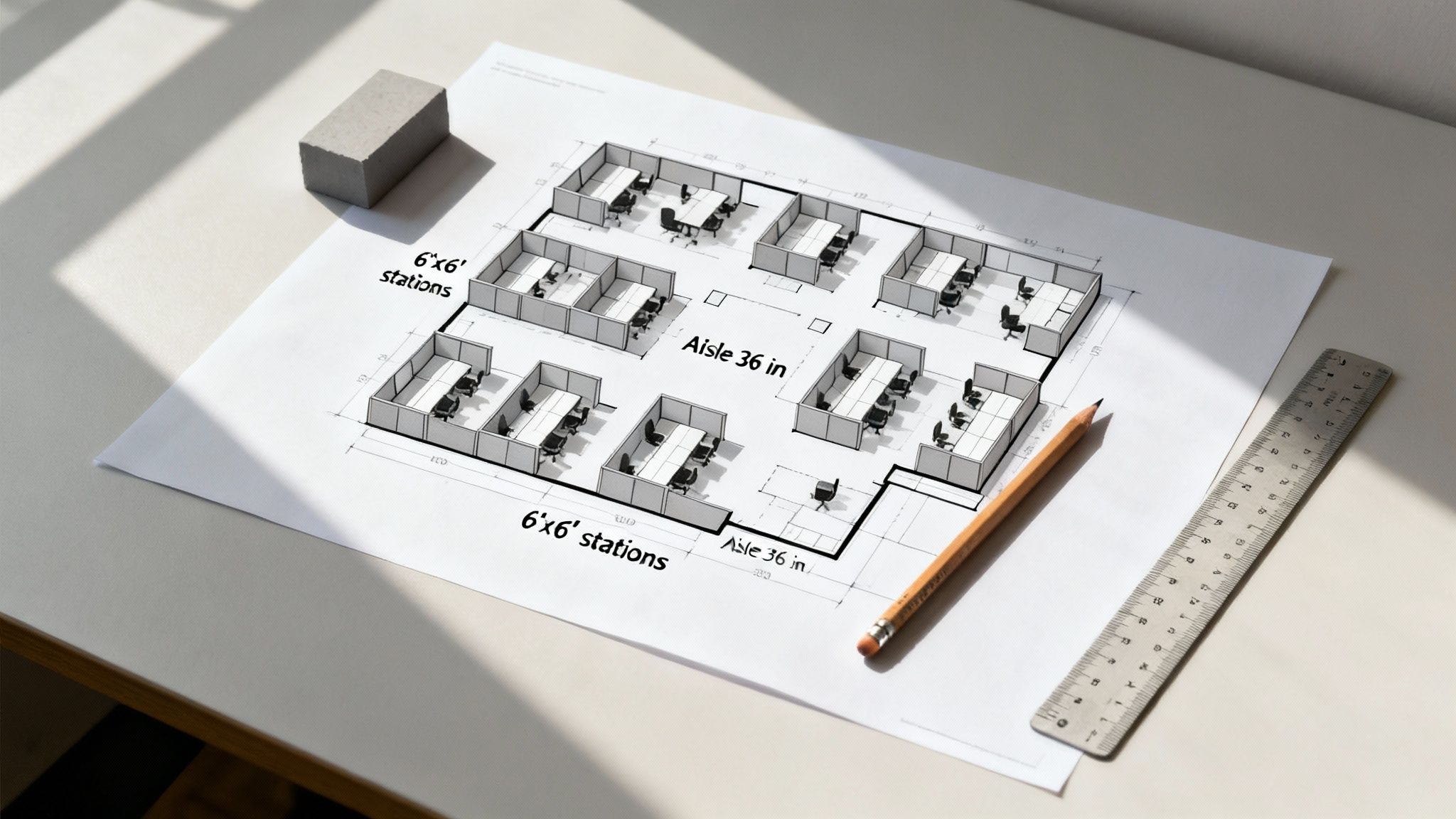 An office floor plan blueprint showing 6x6' cubicle stations and 36-inch aisles, highlighting office layout planning.