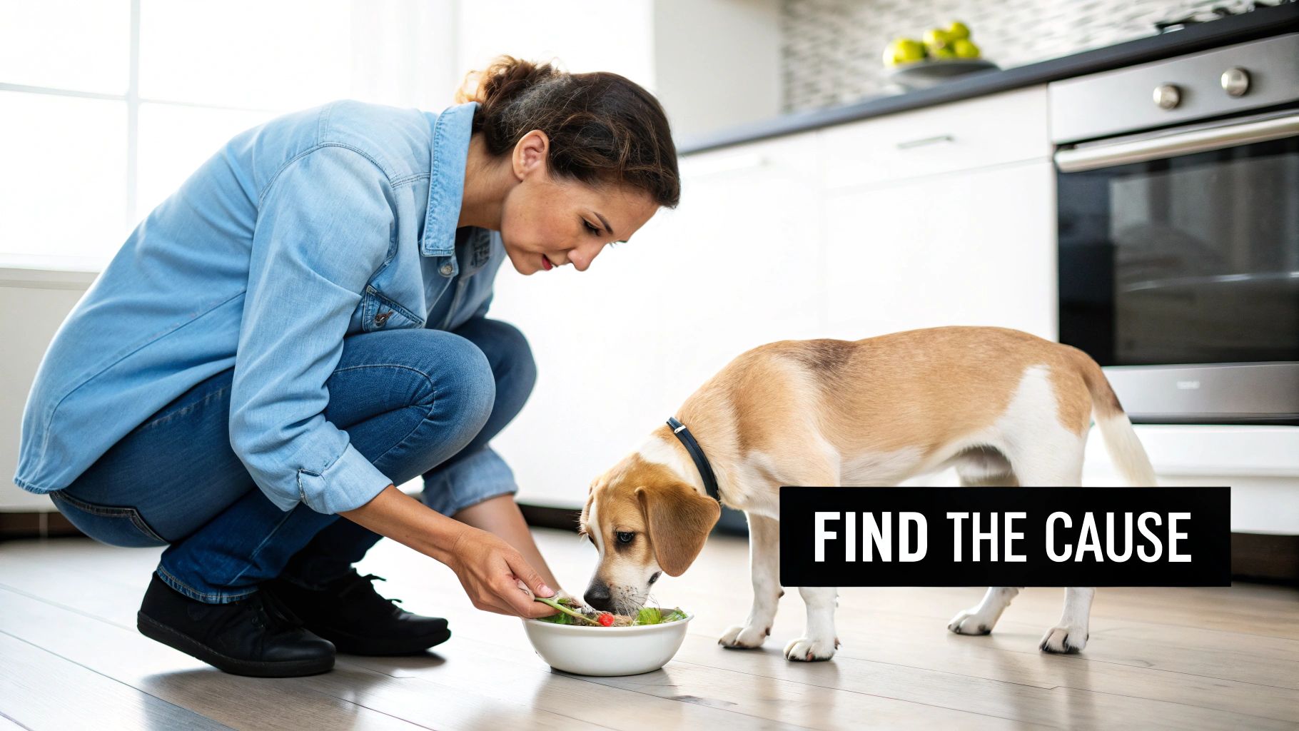 A woman kneels to feed a small bowl of vegetables or salad to a brown and white dog in a kitchen.