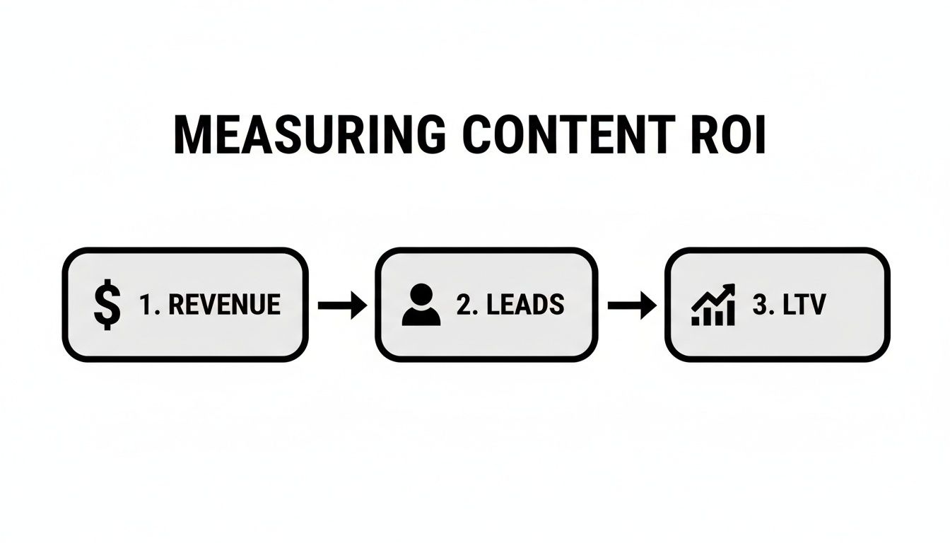 Flowchart illustrating the process of measuring content marketing ROI through revenue, leads, and LTV metrics.