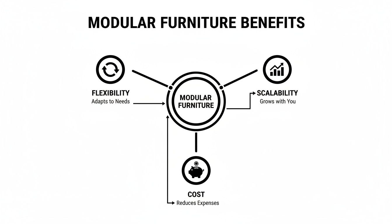 A diagram illustrating the benefits of modular furniture: flexibility, scalability, and cost savings.