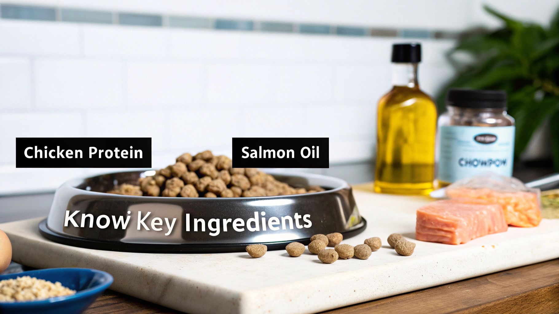 Diagram showing dog food ingredients overview with proteins, fats, carbs, and vitamins