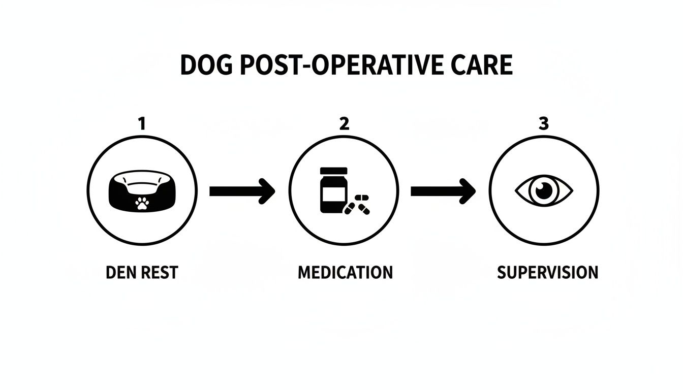 Infographic outlining essential steps for dog post-operative care: den rest, medication, and supervision.
