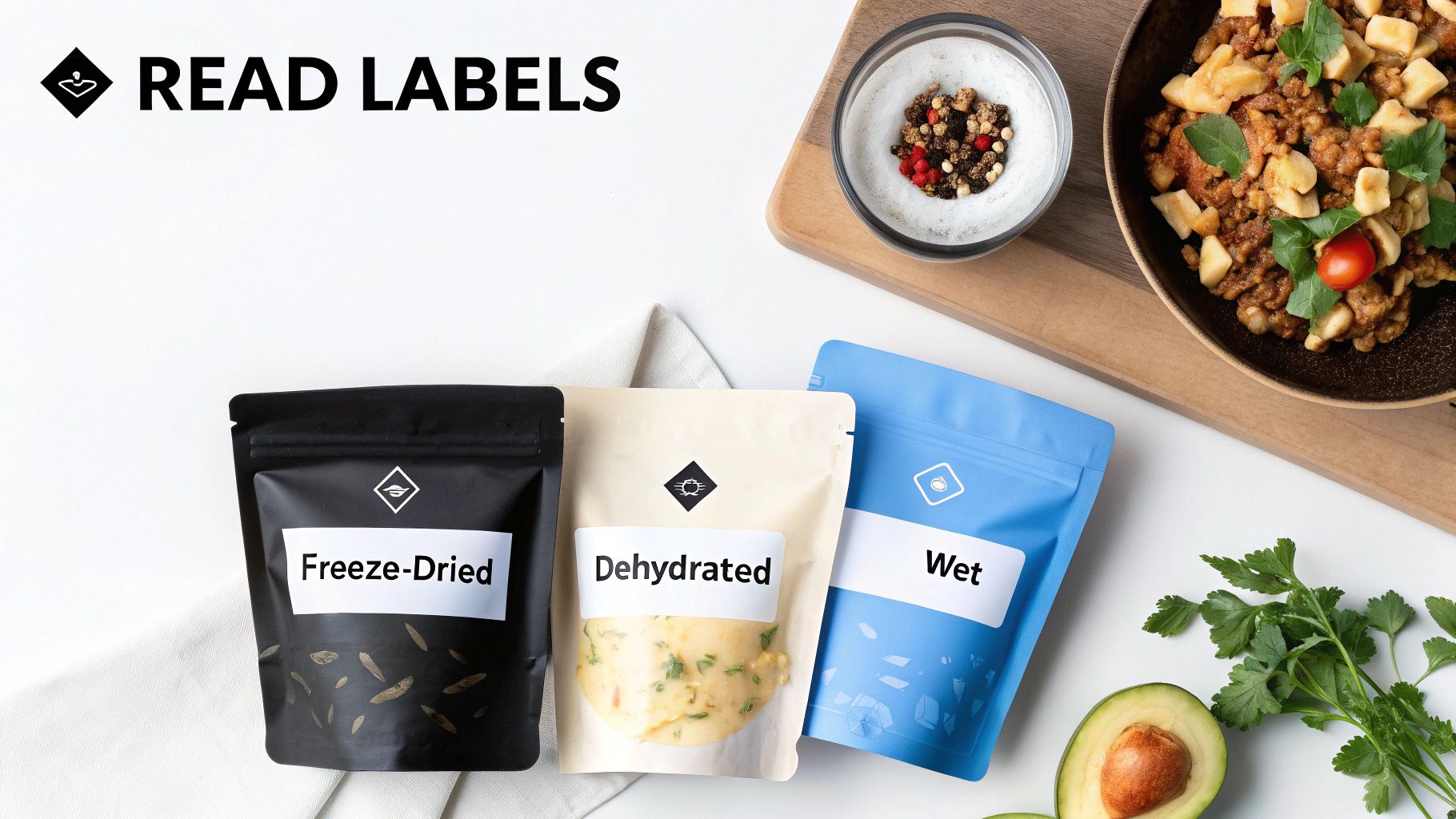Three pouches of food labeled 'Freeze-Dried', 'Dehydrated', and 'Wet', with fresh ingredients and spices.