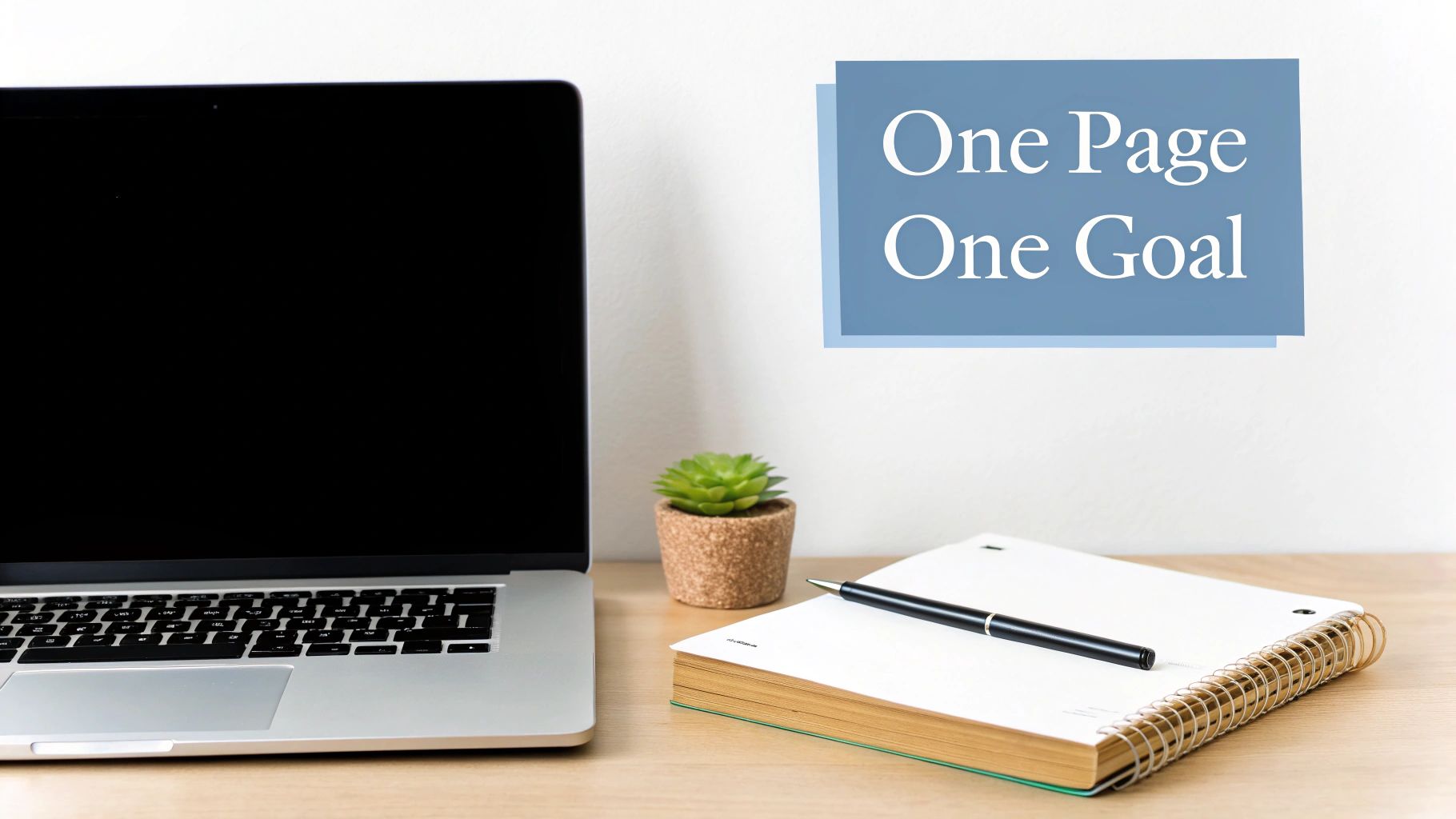 A minimalist workspace with a laptop, potted plant, notebook, and pen. A blue overlay says 'One Page One Goal' showing how to optimize landing pages.