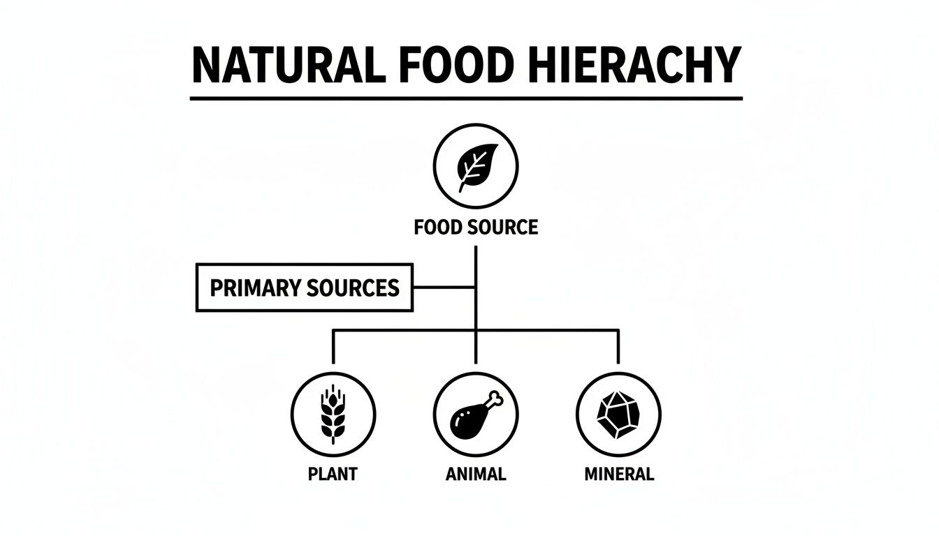 A natural food hierarchy diagram showing food sources categorised into plant, animal, and mineral origins.