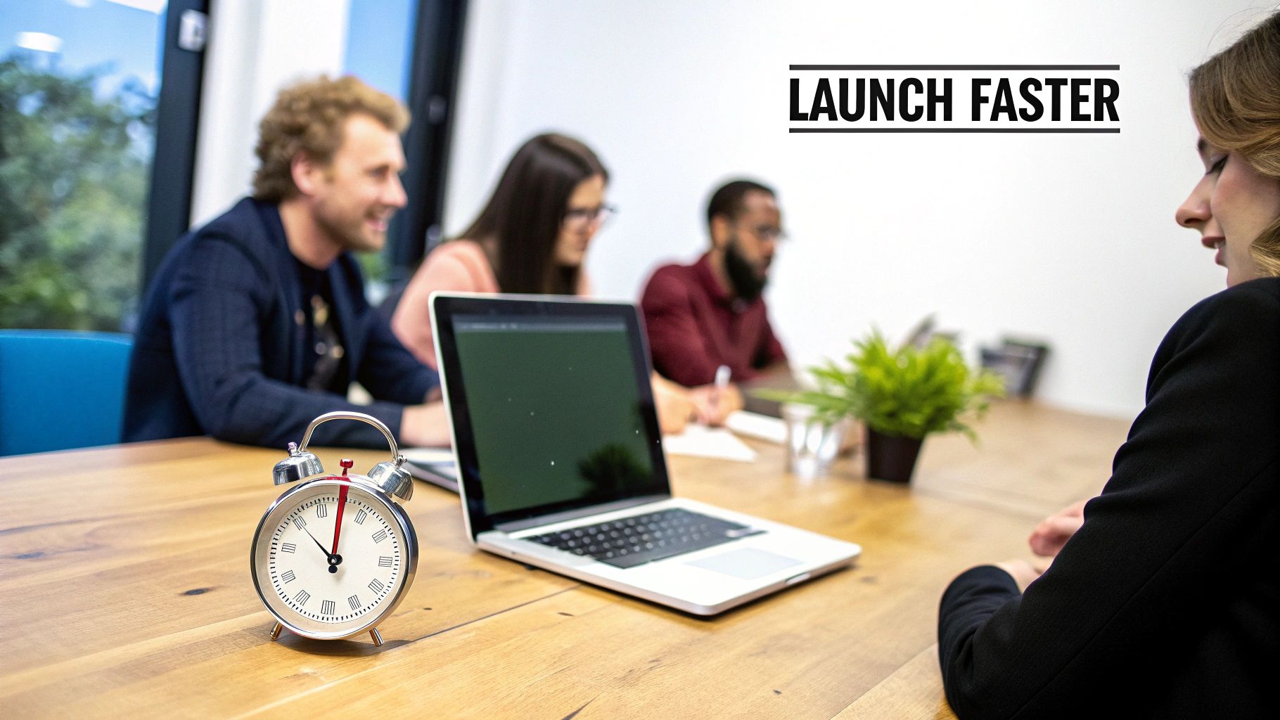 A marketing team collaborating in an office meeting about in house vs agency marketing, with an alarm clock and 'LAUNCH FASTER' text.