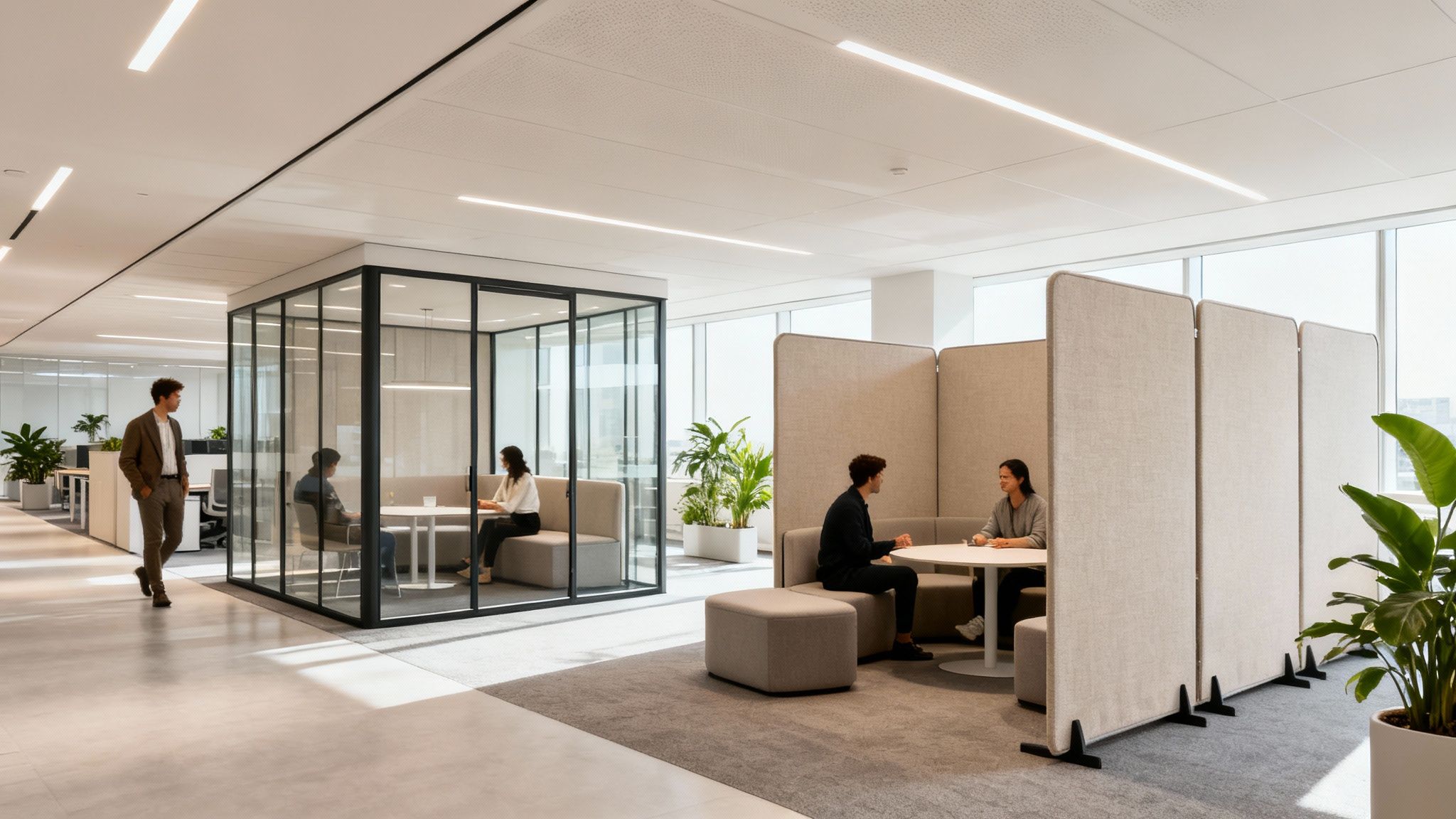 Modern open-plan office with collaborative zones, glass partitions, and acoustic dividers.