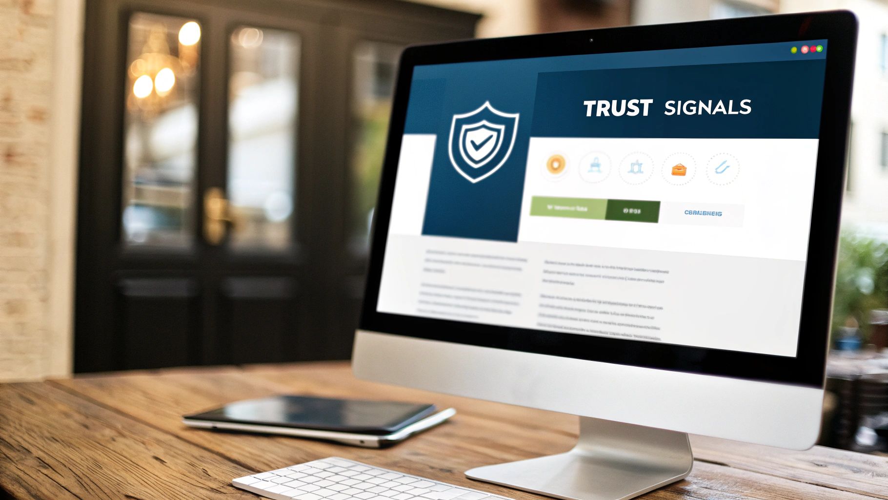 A collection of trust signals like five-star ratings, SSL certificates, and customer testimonials arranged on a webpage to learn how to increase website conversions.