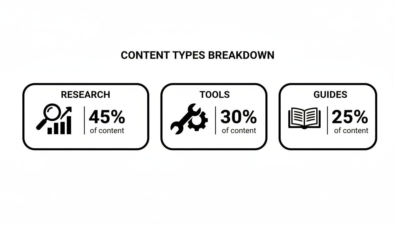 Infographic showing content types for link earning: 45% research, 30% tools, and 25% guides.
