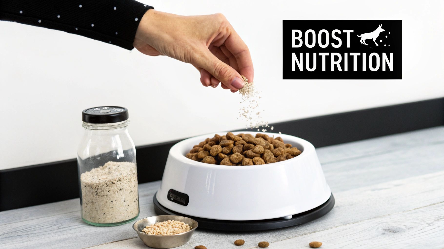 A hand sprinkles a powdered supplement over a white bowl of dry dog food, with a 'Boost Nutrition' logo.