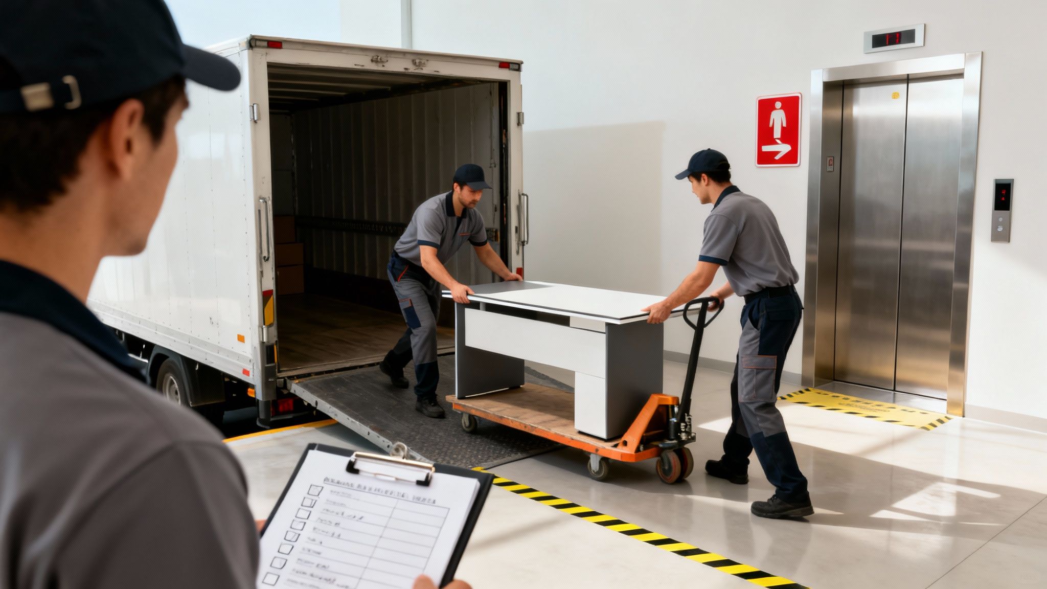 Professional movers unloading used office furniture from a truck for liquidation.