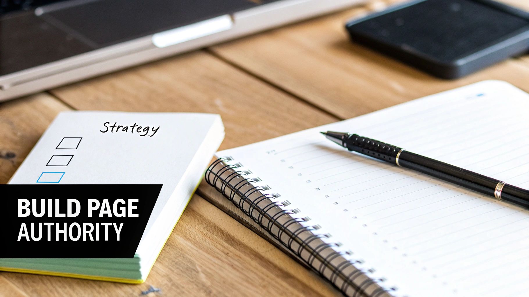 A wooden desk setup showing a laptop and notebooks for building a Page Authority SEO strategy.