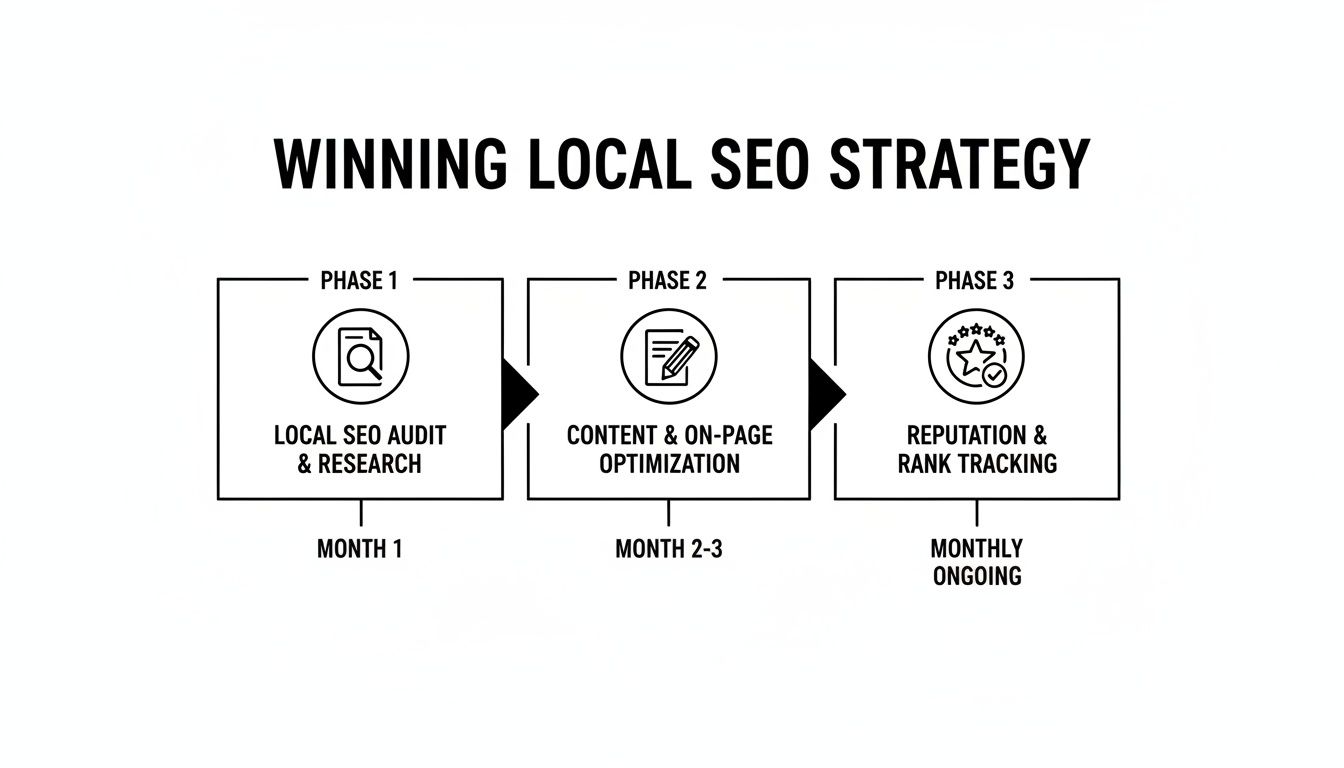 A flowchart illustrating a local SEO strategy for auto repair shops with three phases: audit, optimization, and tracking.