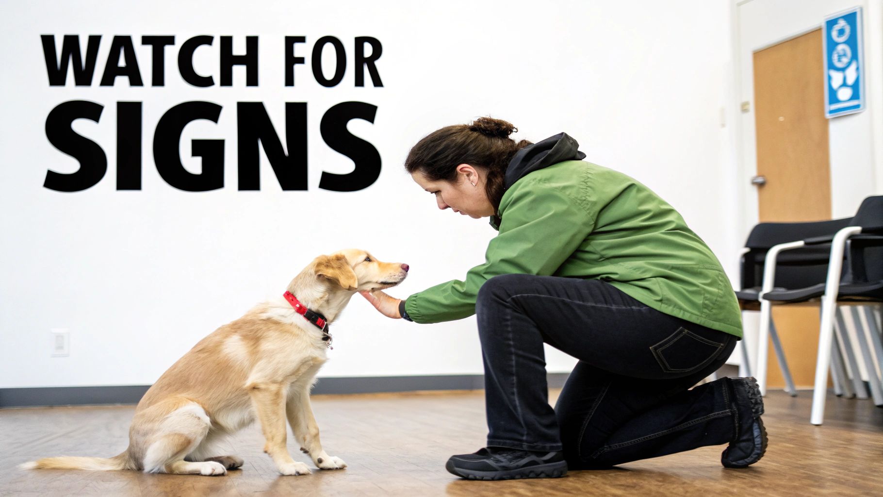 A woman kneels, gently petting a golden dog with a red collar, 'WATCH FOR SIGNS' on wall.