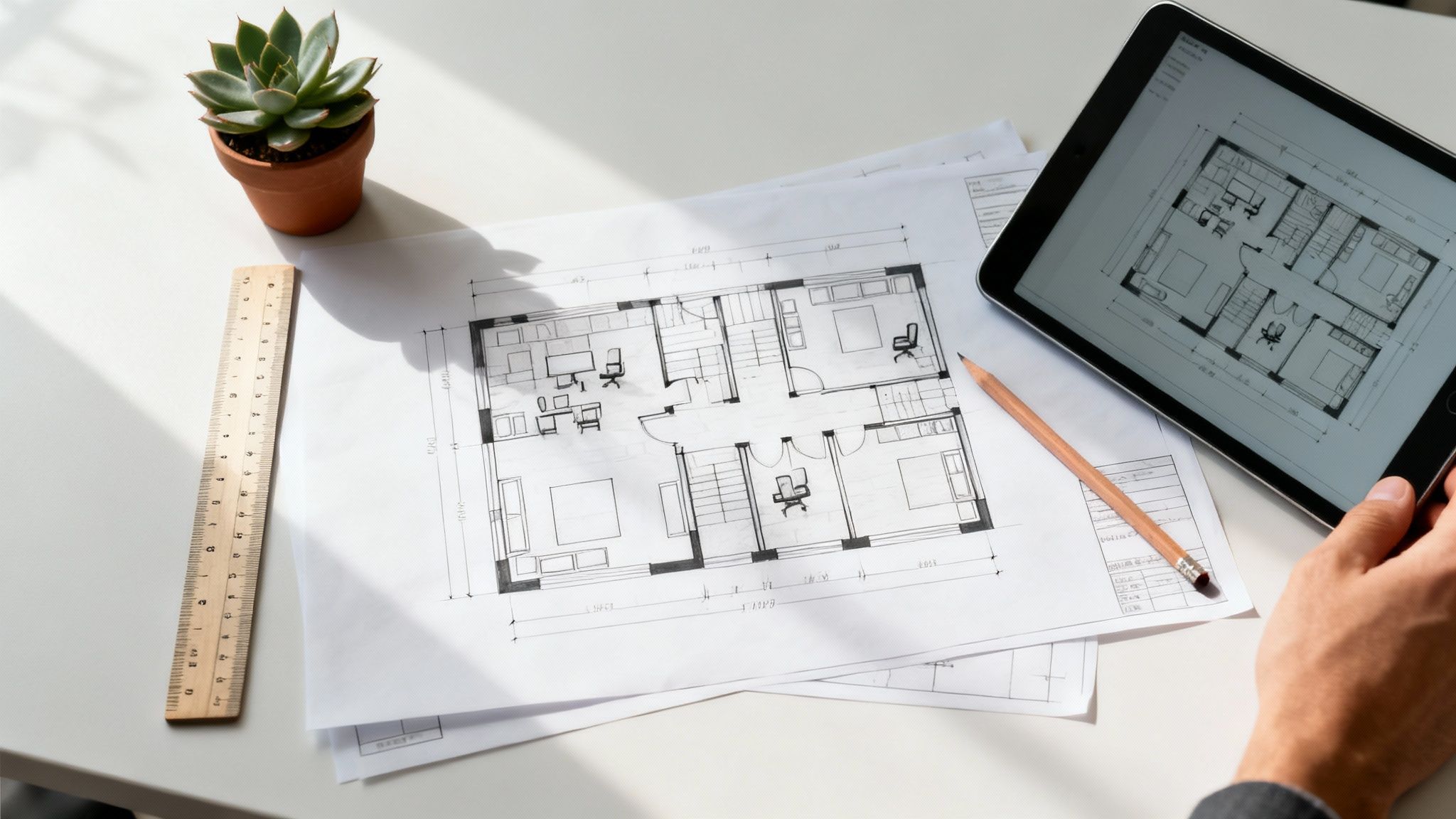 Overhead shot of an architect's desk with blueprints, a tablet, ruler, and a plant, symbolizing office furniture planning.