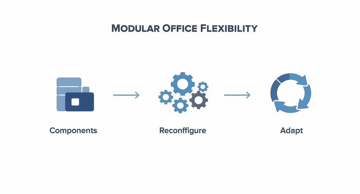 Infographic showing the process flow of modular office flexibility, with steps for Components, Reconfigure, and Adapt, which are key to modern office cubicle design.