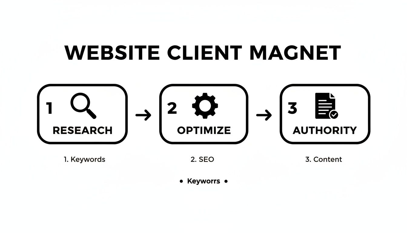 Diagram showing a three-step website client magnet process, part of a marketing strategy for executive search firms: Research, Optimize, and Authority for lead generation.