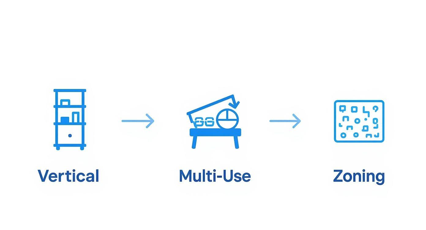 Icons illustrating a progression from vertical storage to multi-use concepts and efficient space zoning.