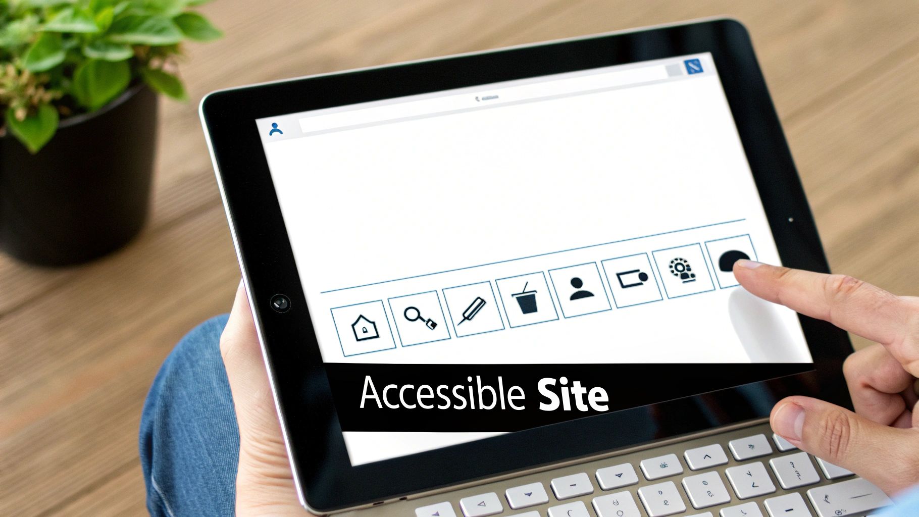 A person's hand interacts with a tablet showing a browser with 'Accessible Site' text, representing a positive website accessibility audit from a web audit checklist.