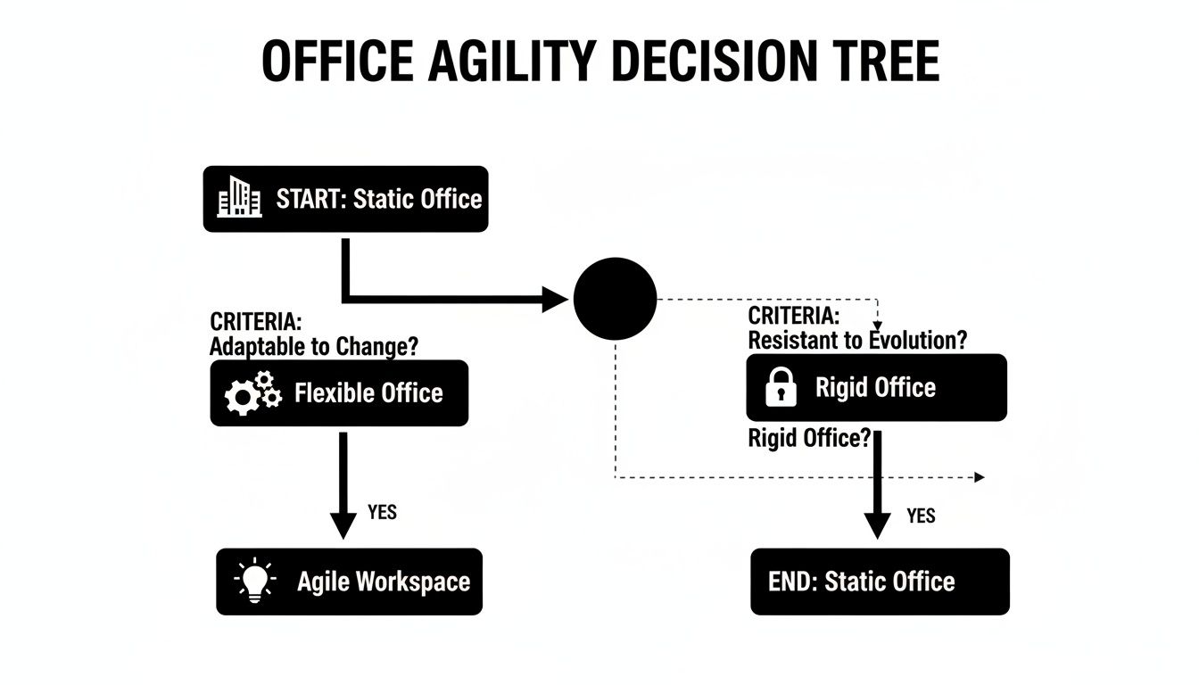 A decision tree diagram showing the flow for office agility, from a static workspace with drywall to an agile workspace with modular walls.