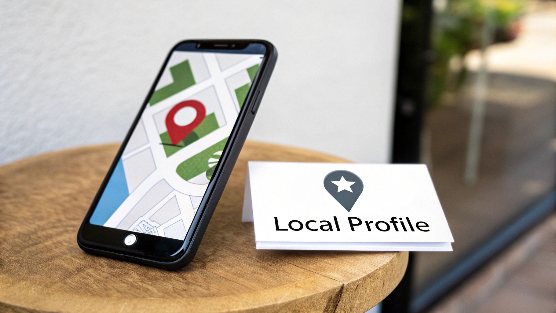A smartphone displaying a map with a red location pin next to a 'Local Profile' card for local SEO, part of a new site seo checklist.